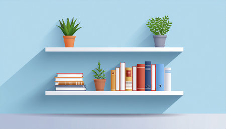 Bookshelf with books and potted plants. Vector illustration.のイラスト素材