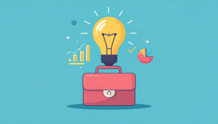 Business idea concept. Vector illustration of a briefcase with a light bulb.のイラスト素材