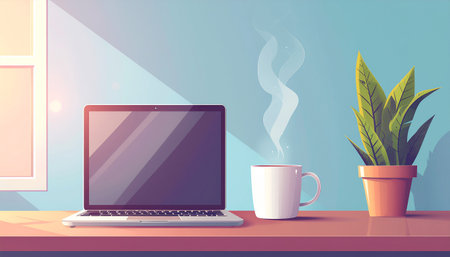 Laptop, coffee cup and plant on table. Flat style vector illustration.のイラスト素材
