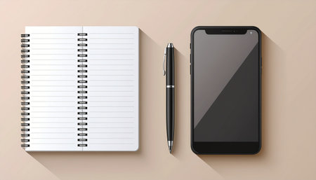 Smartphone, notebook and pen isolated on white background. Vector illustration.のイラスト素材