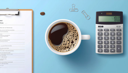Coffee cup and calculator on blue background. Vector illustration.のイラスト素材