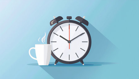 Alarm clock and cup of coffee. Flat design vector illustration.のイラスト素材