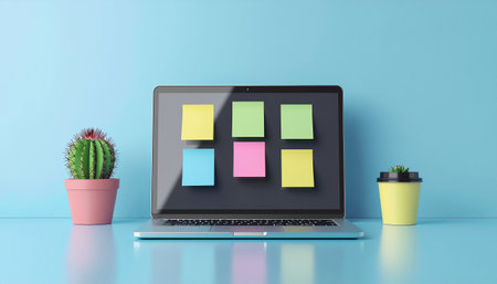 Laptop with blank sticky notes on blue wall. 3D rendering.
