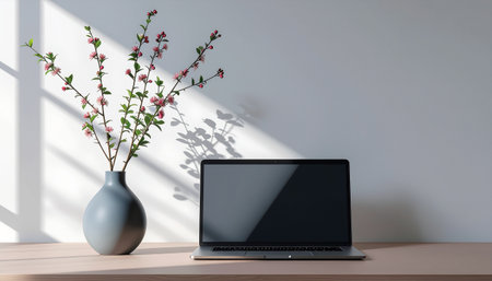 Laptop with blank screen on wooden table and vase with spring flowers. Mock up, 3D Renderingのイラスト素材