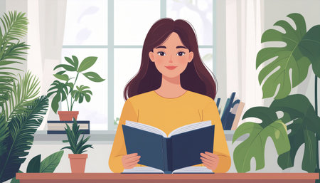 Young woman reading a book at home. Vector illustration in flat styleのイラスト素材