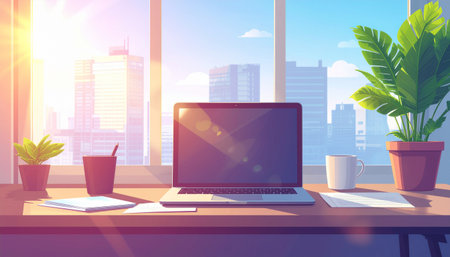 Workplace with laptop, coffee cup and plant on the windowsill. Vector illustrationのイラスト素材