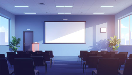 Conference room interior with empty white poster on the wall. 3D Renderingのイラスト素材