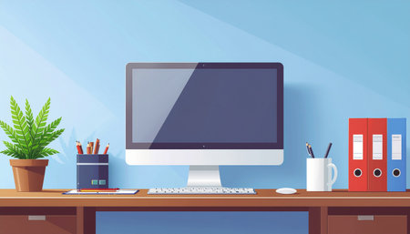 Office desk with computer and office supplies. Vector illustration in flat styleのイラスト素材