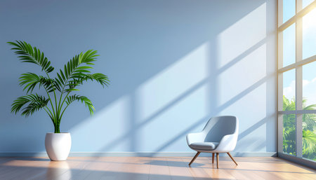 Interior of modern living room with blue walls, wooden floor, white armchair and palm tree. 3d renderingのイラスト素材