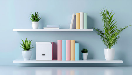 Bookshelf with books and potted plants on blue wall backgroundのイラスト素材