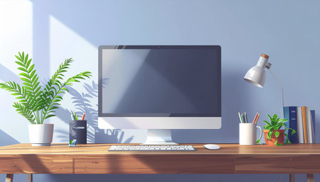 Minimalistic workplace with computer, coffee cup, plant, lamp and other items. Mock up, 3D Renderingのイラスト素材