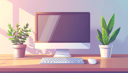 Vector illustration of a desktop with a computer, a mouse and a plant in a potのイラスト素材
