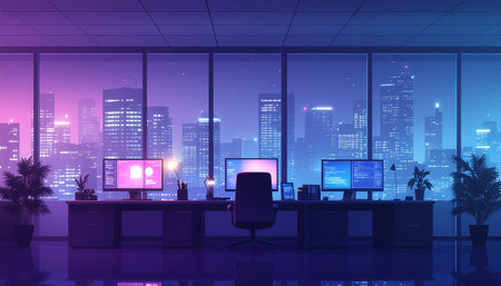 Contemporary office interior with night city view and computer monitors. 3D Renderingのイラスト素材