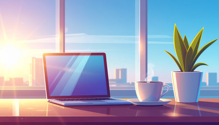 Laptop and coffee cup on table in office at sunset. 3D renderingのイラスト素材