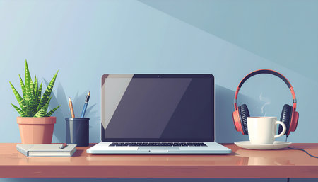 Modern workplace with laptop, coffee cup and headphones. Vector illustration.のイラスト素材
