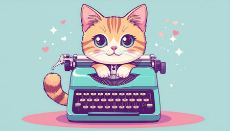 Cute cartoon cat with a typewriter. Vector illustration of a cat.のイラスト素材