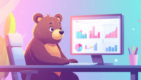 Cute cartoon bear sitting at the desk with computer. Vector illustrationのイラスト素材
