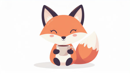 Cute little fox with a cup of coffee. Vector illustration.のイラスト素材