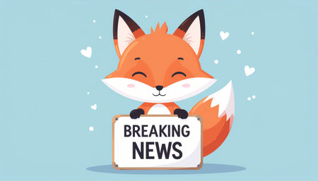 Cute fox holding sign with text breaking news. Vector illustration.のイラスト素材