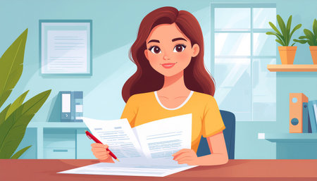 Young woman studying in home office. Vector illustration in cartoon style.のイラスト素材