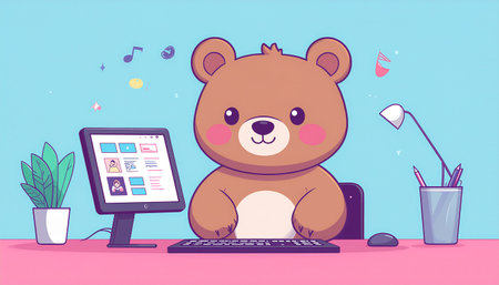 Teddy bear sitting at the computer. Vector illustration in cartoon style.のイラスト素材