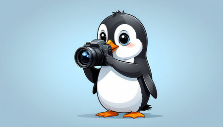 Cute penguin with a camera on his shoulder. Vector illustration.のイラスト素材