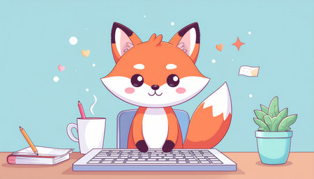 Cute cartoon fox sitting at the table and working on a laptopのイラスト素材