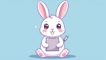 Cute cartoon rabbit with notebook and pen. Vector illustration on blue background.のイラスト素材