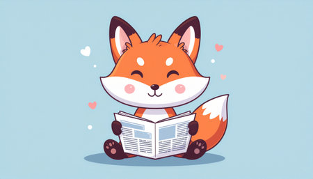 Cute fox reading a newspaper. Vector illustration in cartoon style.のイラスト素材