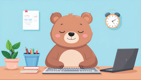 Cute bear sitting at the desk with laptop. Vector illustration.のイラスト素材