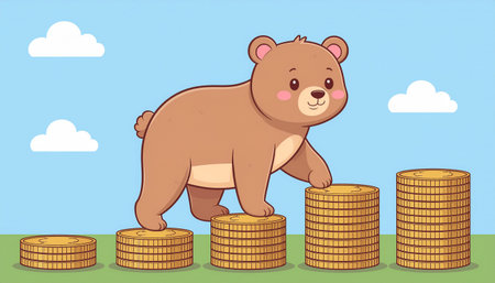 Bear standing on the stack of coins. Vector illustration in cartoon styleのイラスト素材