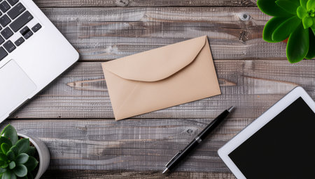 Laptop, tablet, pen and envelope on a wooden table.のイラスト素材