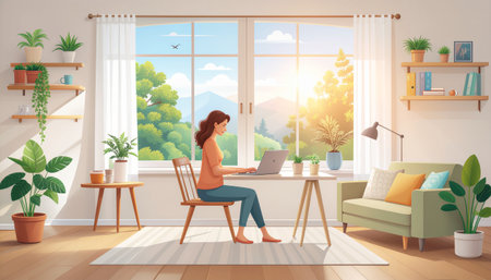 Woman working on laptop in the living room at home. Vector illustrationのイラスト素材