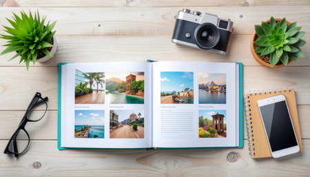 Top view of book with travel photos and camera on wooden table.のイラスト素材