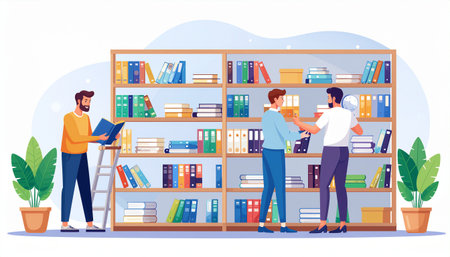 Bookshelf with books and people standing near it, vector illustrationのイラスト素材