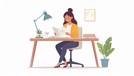 Young woman sitting at the desk and reading a book. Flat style vector illustration.のイラスト素材