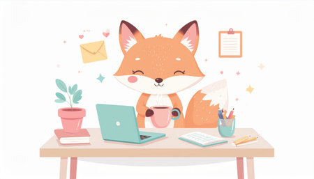 Cute fox working at the desk with laptop. Vector illustration.のイラスト素材