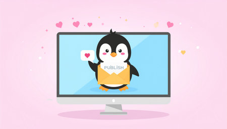 Cute penguin with love message on computer screen. Vector illustrationのイラスト素材