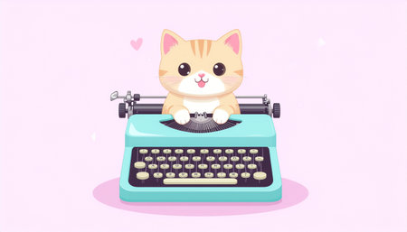 Cute cat with a typewriter on a pink background. Vector illustrationのイラスト素材