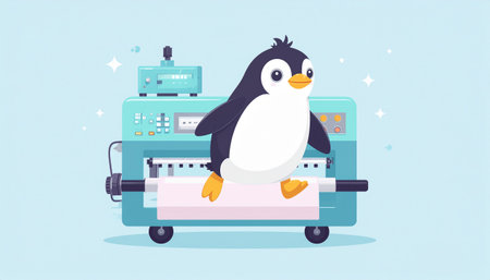 Cute penguin on a conveyor belt. Vector illustration.のイラスト素材