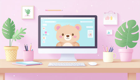 Illustration of cute teddy bear in front of computer screen.