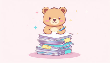 Cute bear sitting on stack of books. Vector cartoon illustration.のイラスト素材