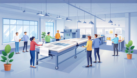 Interior of modern office with equipment and workers. Vector illustration.のイラスト素材