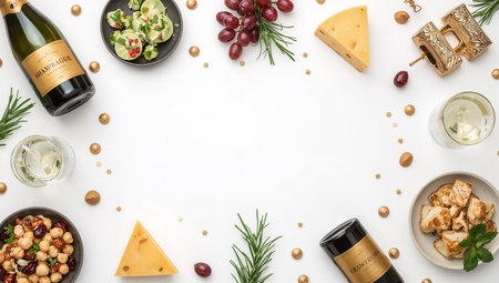 A festive frame of food and drinks, perfect for celebrations. Includes cheese, grapes, champagne,...