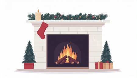 Fireplace with christmas tree. Vector illustration in flat style.のイラスト素材