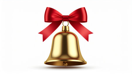 Golden christmas bell with red bow isolated on white background. Vector illustration.のイラスト素材