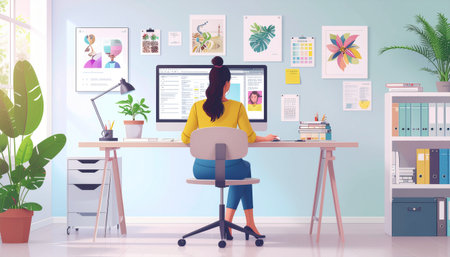Businesswoman working at her desk in modern office. Vector illustration.のイラスト素材