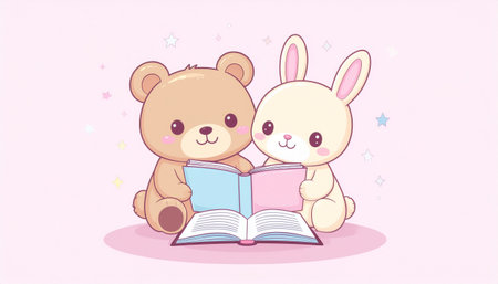 Cute cartoon bear and rabbit reading a book. Vector illustration.のイラスト素材