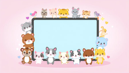Cute cartoon animals frame on pink background with space for text.のイラスト素材
