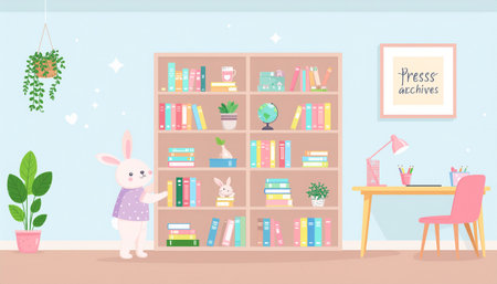 Vector illustration of a childrens room with bookshelves and a cute hareのイラスト素材